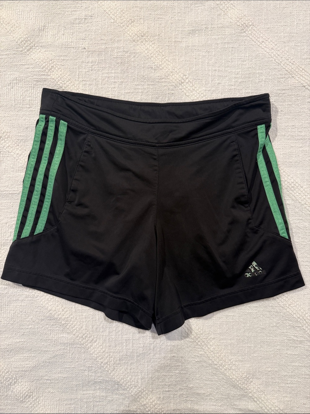 adidas Black Athletic Shorts with Green Side Stripes